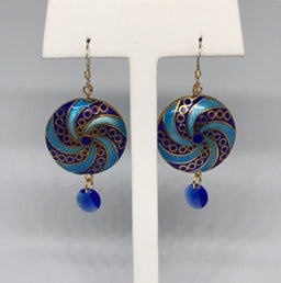 Cloisonné (light blue & royal blue spiral) necklace with antique Czech glass Mardi Gras beads and matching earrings