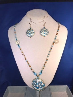 Cloisonné (light blue & white circle) necklace with antique Czech glass Mardi Gras beads and matching earrings