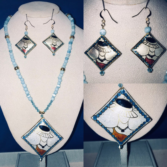 Cloisonné (lady with hat) necklace and earrings