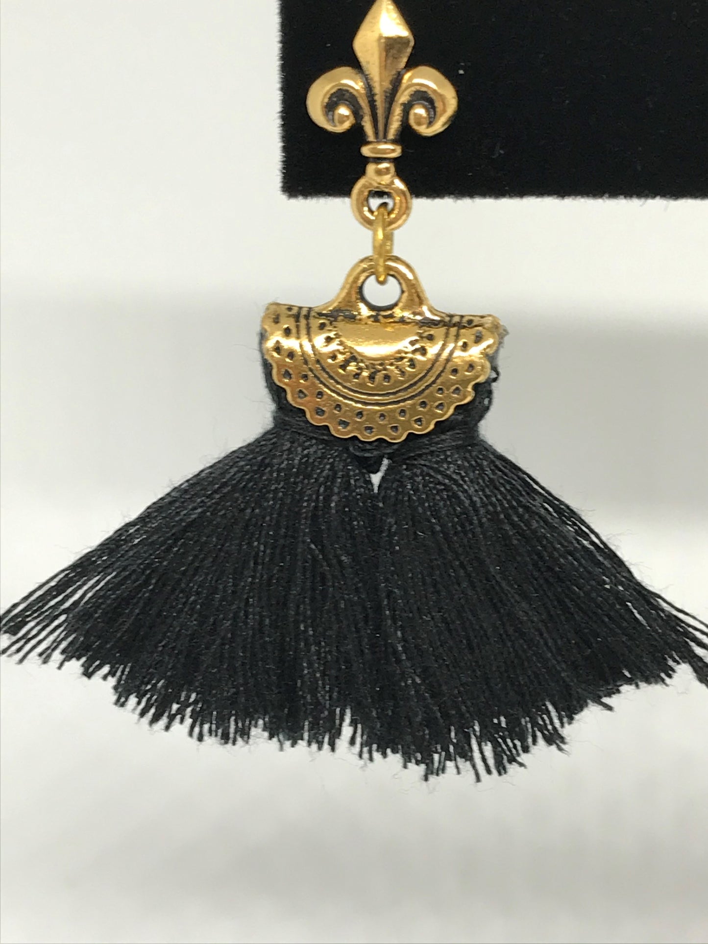 Black tassel earrings with Fleur de Lis posts