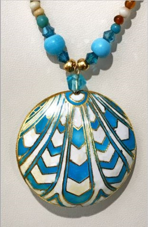 Cloisonné (light blue & white circle) necklace with antique Czech glass Mardi Gras beads and matching earrings