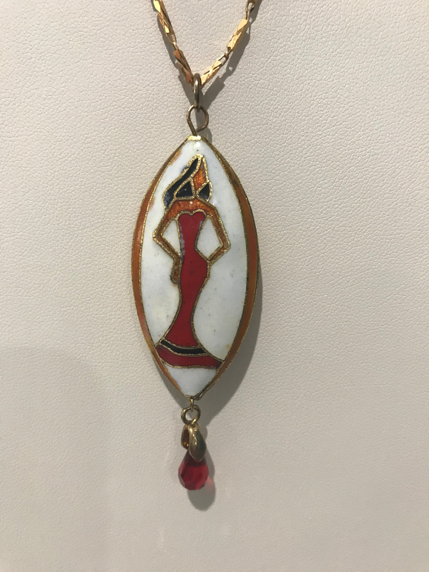 Cloisonné (lady in red) necklace with adjustable chain and matching earrings