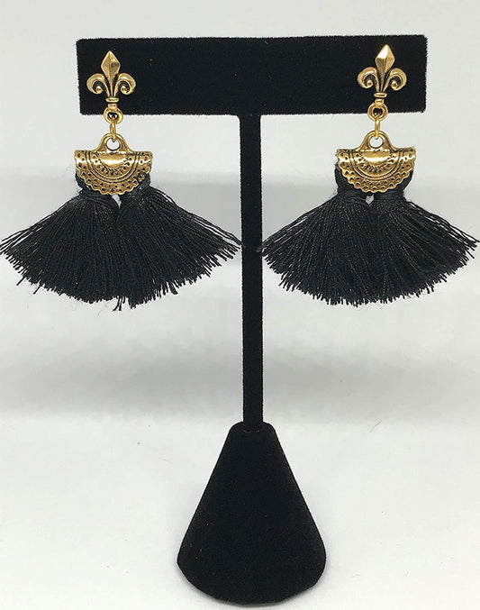 Black tassel earrings with Fleur de Lis posts